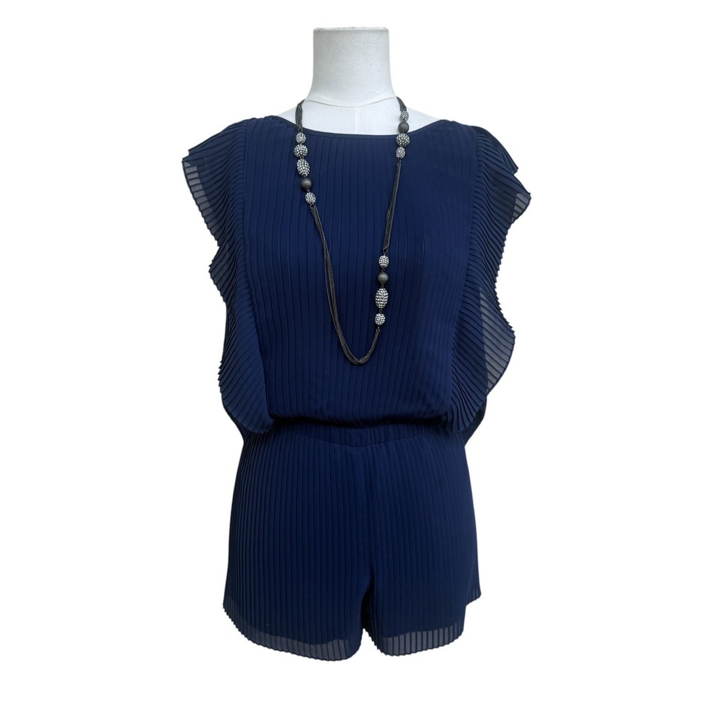 Club Monaco Pleated Navy Blue Romper Size 0 Open Back Flutter Sleeve Dressy